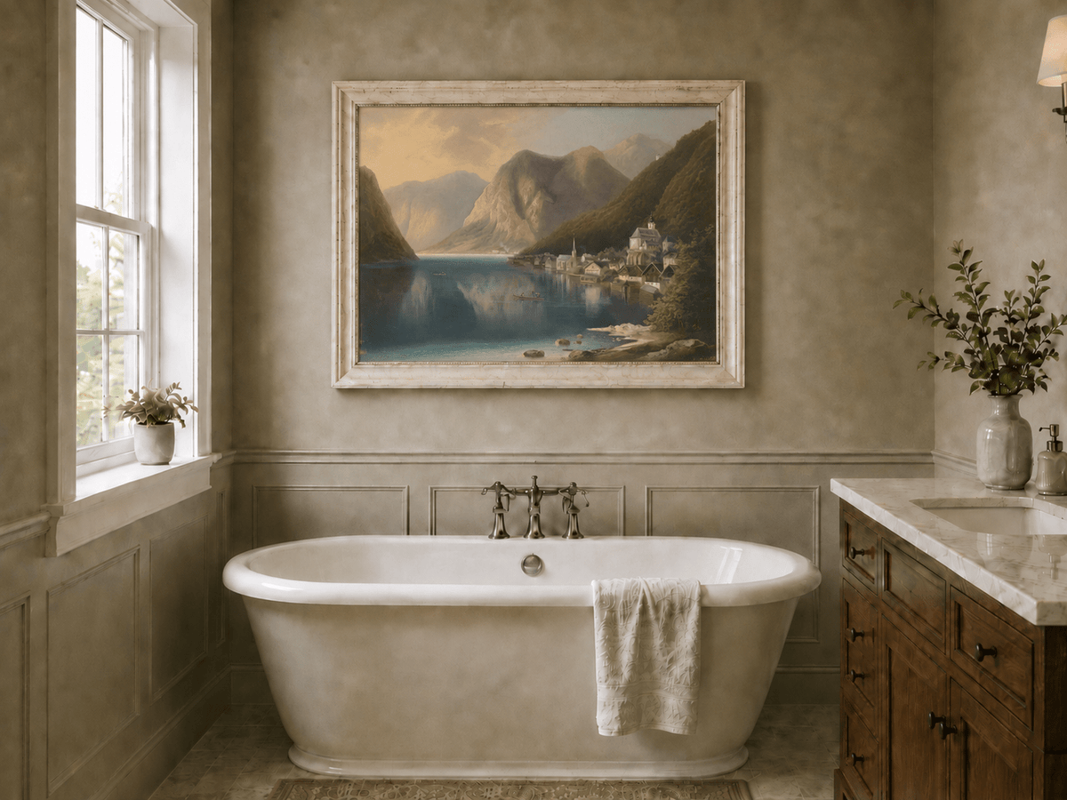 Peinture à l'huile de paysage - Village alpin au bord du lac au crépuscule