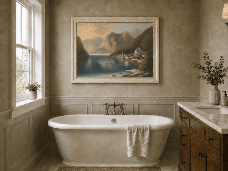 Peinture à l'huile de paysage - Village alpin au bord du lac au crépuscule