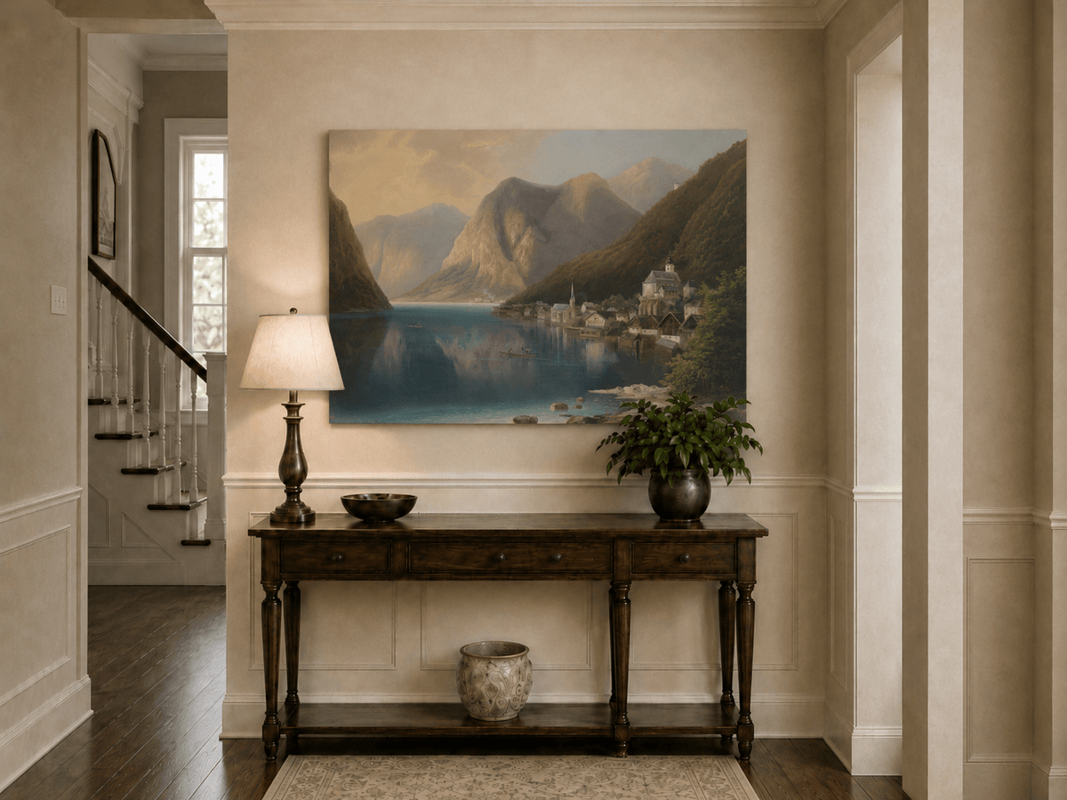 Peinture à l'huile de paysage - Village alpin au bord du lac au crépuscule