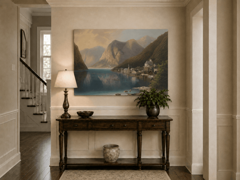 Peinture à l'huile de paysage - Village alpin au bord du lac au crépuscule