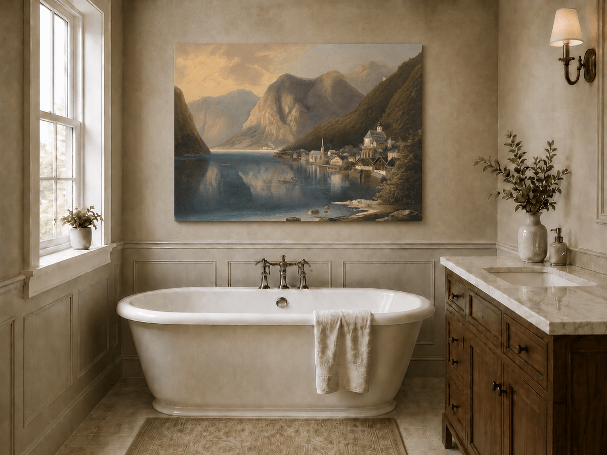 Peinture à l'huile de paysage - Village alpin au bord du lac au crépuscule