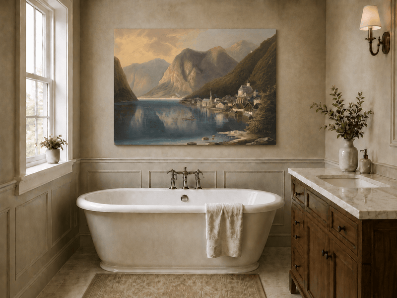 Peinture à l'huile de paysage - Village alpin au bord du lac au crépuscule