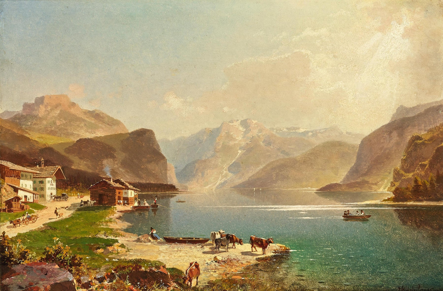 Landscape Oil Painting - Alpine Lakeside Village Mountain View - Oil Painting Haven