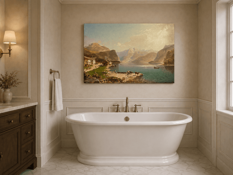 Landschaftsgemälde in Öl – Dramatische Felsschlucht mit Figuren