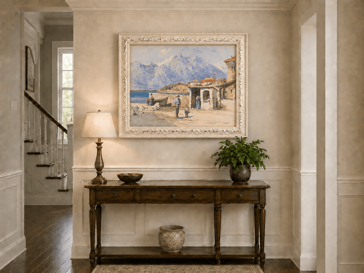 Landscape Oil Painting - Alpine Lakeside Village with Mountains