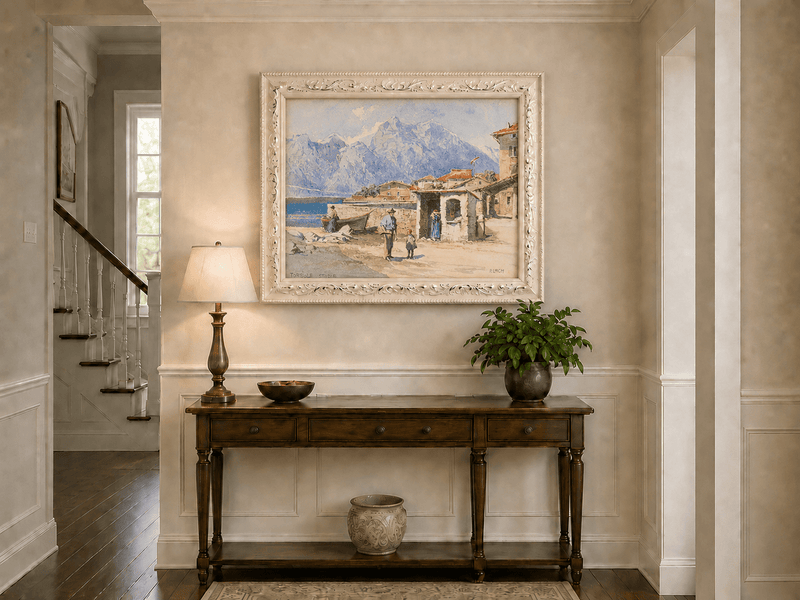 Landscape Oil Painting - Alpine Lakeside Village with Mountains