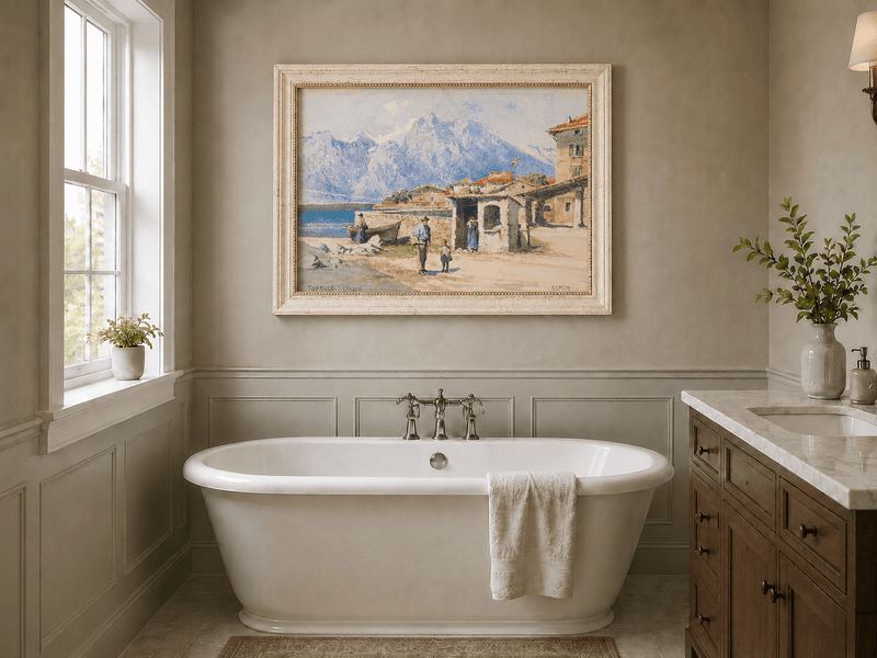 Landscape Oil Painting - Alpine Lakeside Village with Mountains