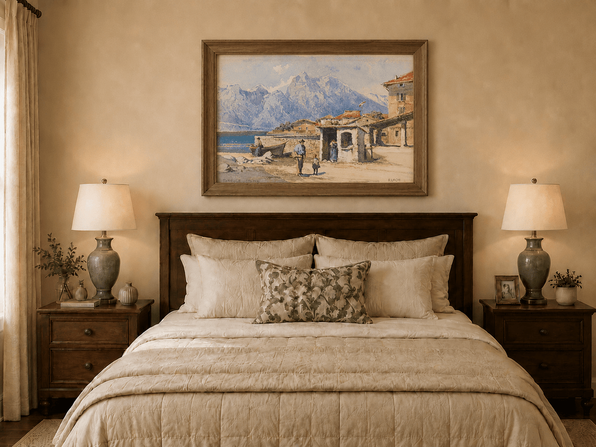 Landscape Oil Painting - Alpine Lakeside Village with Mountains