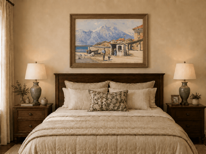 Landscape Oil Painting - Alpine Lakeside Village with Mountains