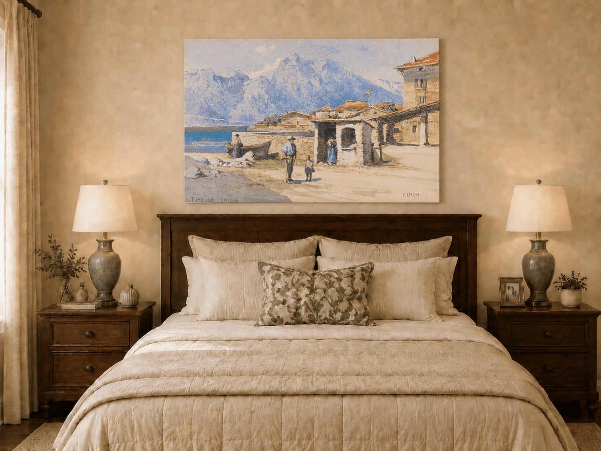 Landscape Oil Painting - Alpine Lakeside Village with Mountains