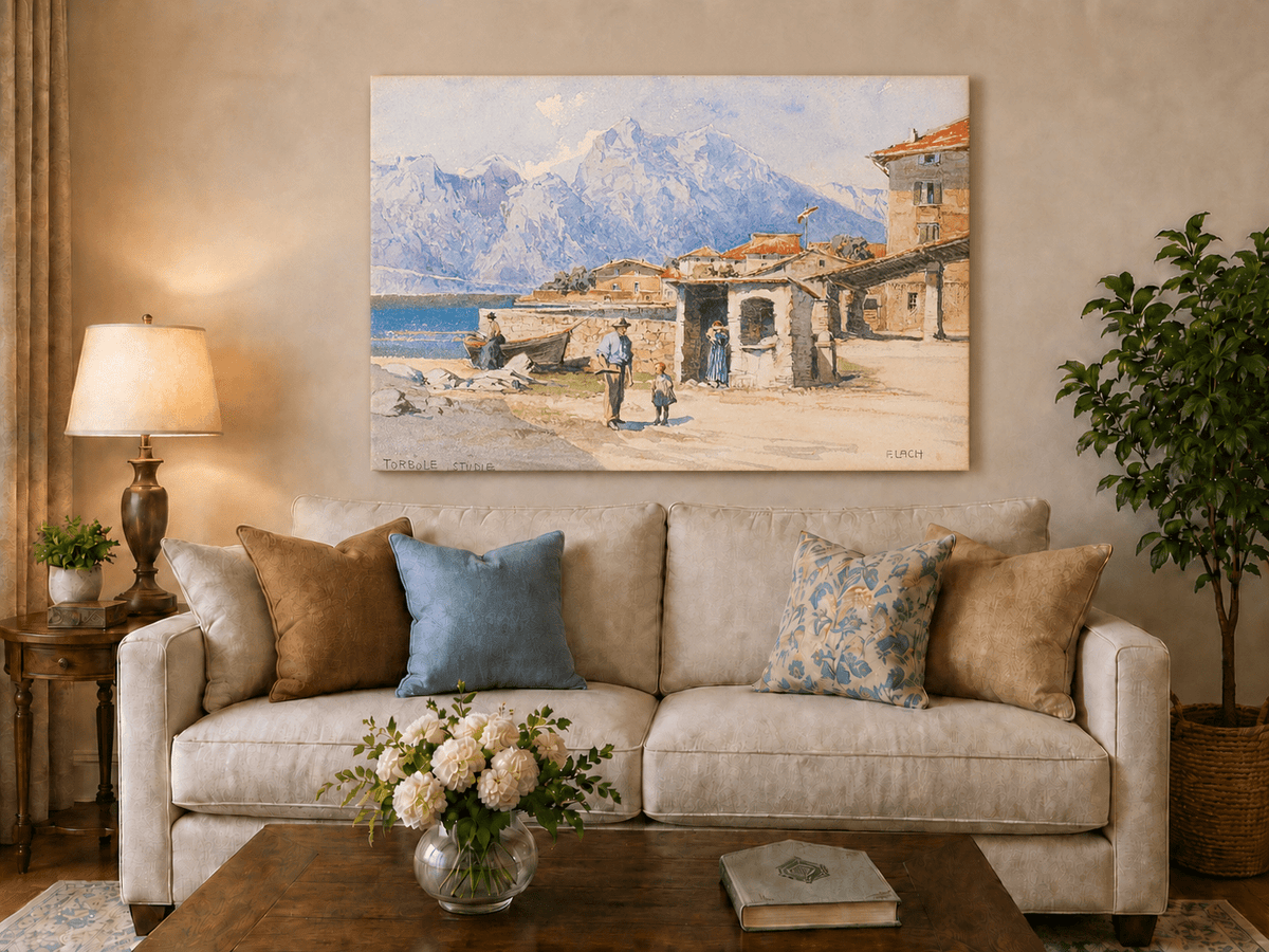 Landscape Oil Painting - Alpine Lakeside Village with Mountains