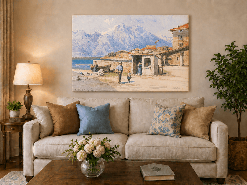 Landscape Oil Painting - Alpine Lakeside Village with Mountains