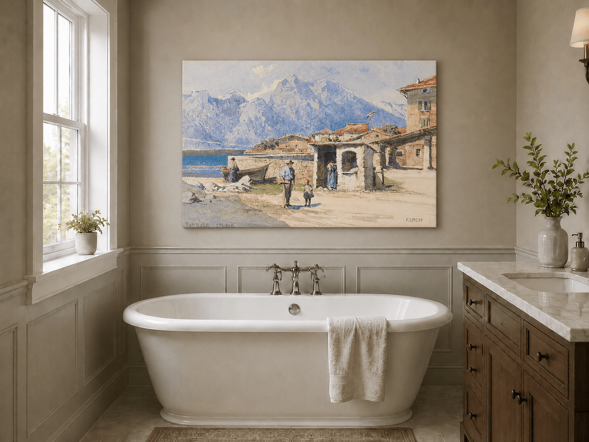 Landscape Oil Painting - Alpine Lakeside Village with Mountains