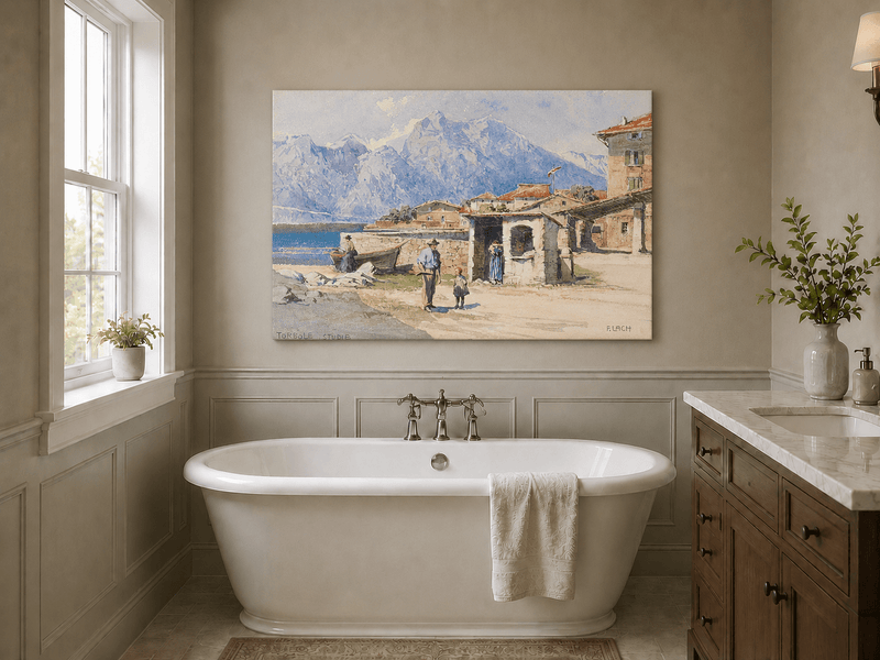 Landscape Oil Painting - Alpine Lakeside Village with Mountains