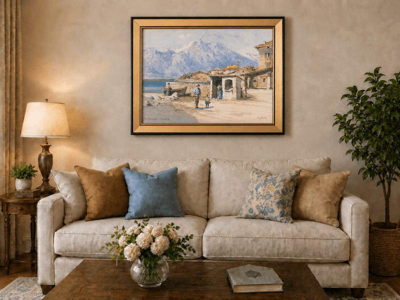 Landscape Oil Painting - Alpine Lakeside Village with Mountains