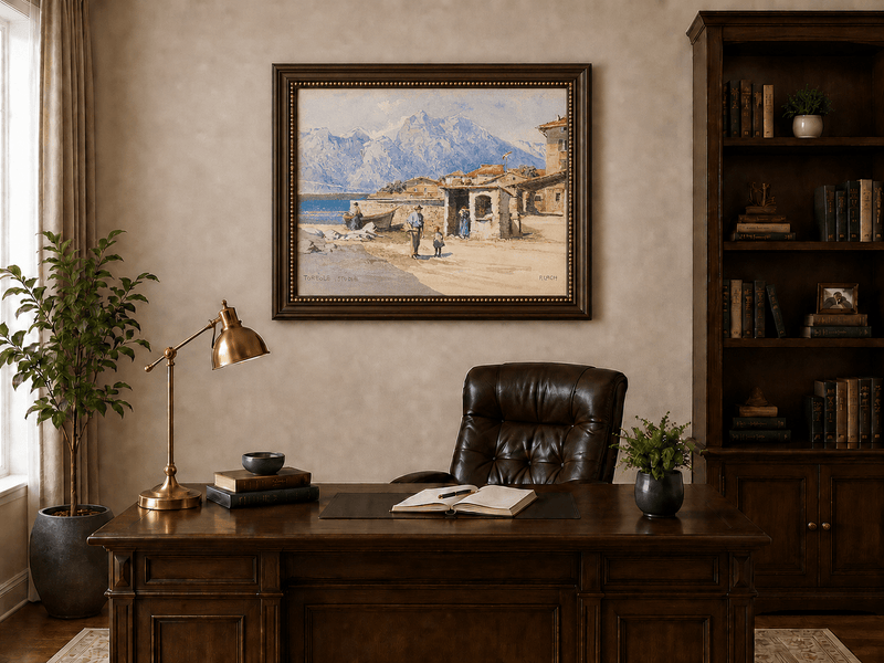 Landscape Oil Painting - Alpine Lakeside Village with Mountains