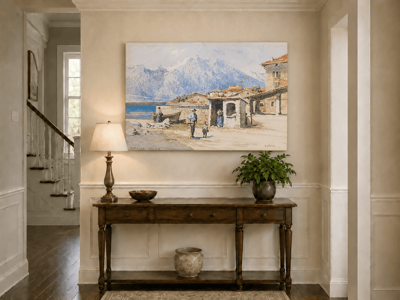 Landscape Oil Painting - Alpine Lakeside Village with Mountains