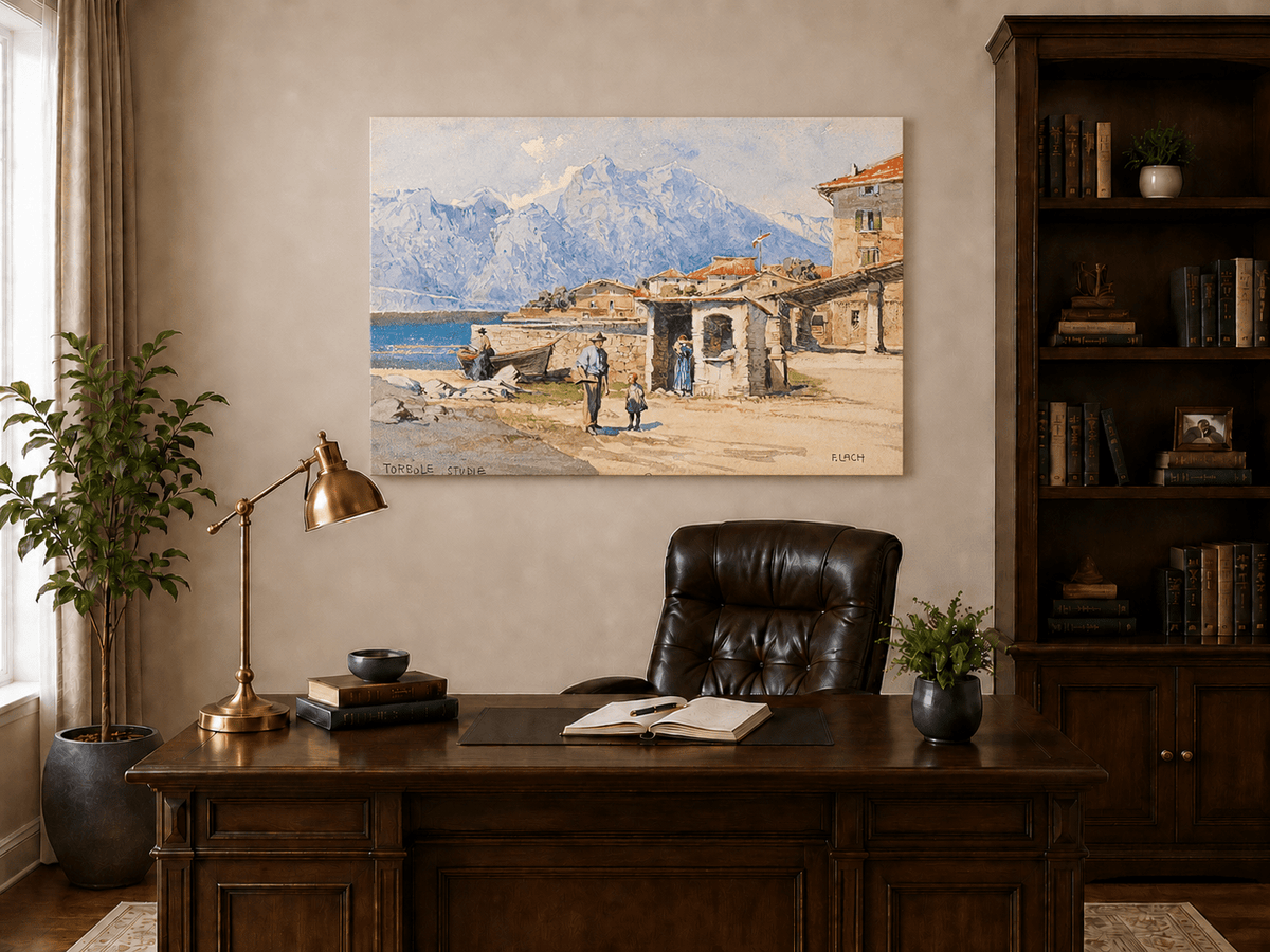 Landscape Oil Painting - Alpine Lakeside Village with Mountains