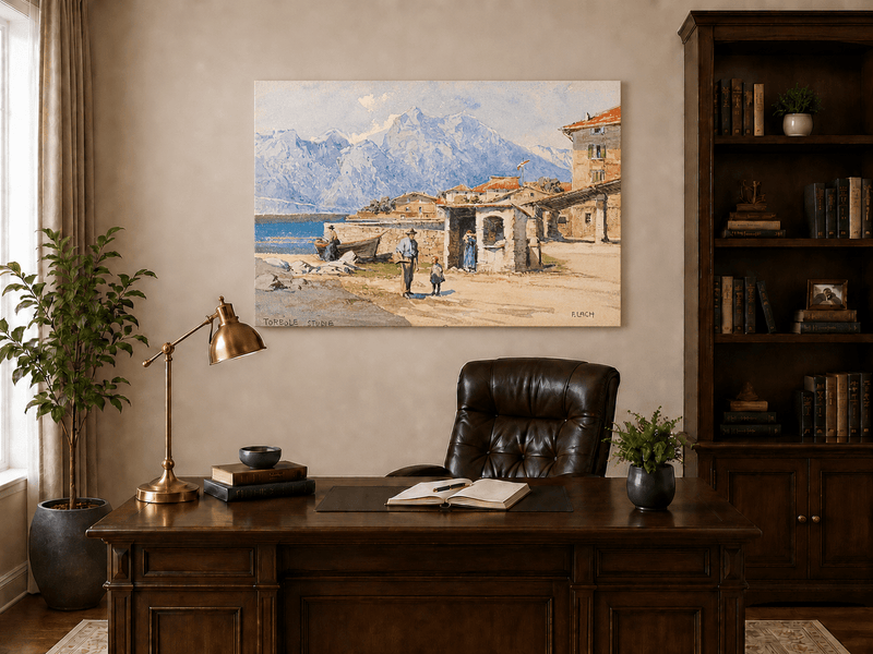 Landscape Oil Painting - Alpine Lakeside Village with Mountains