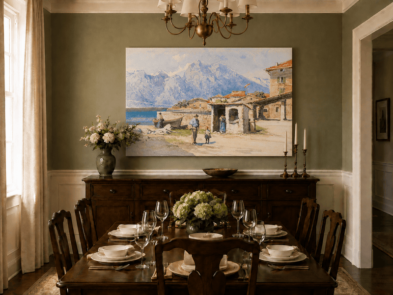 Landscape Oil Painting - Alpine Lakeside Village with Mountains