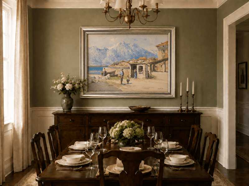 Landscape Oil Painting - Alpine Lakeside Village with Mountains