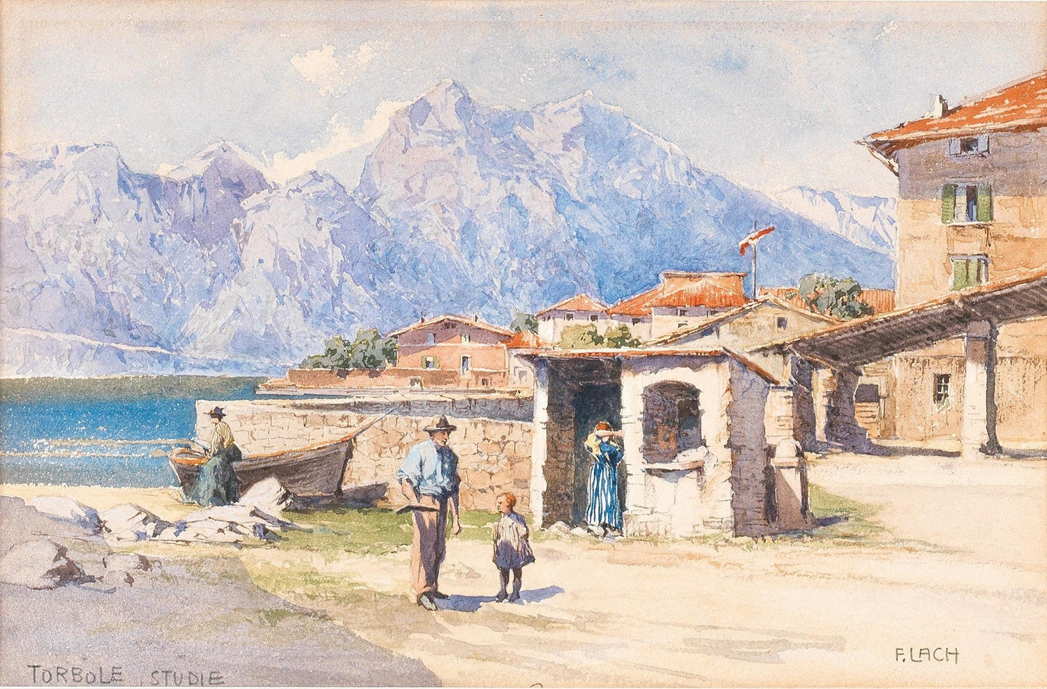 Landscape Oil Painting - Alpine Lakeside Village with Mountains - Oil Painting Haven