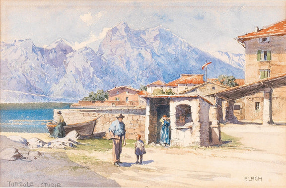 Hand-painted alpine lakeside village with mountains landscape oil painting on canvas