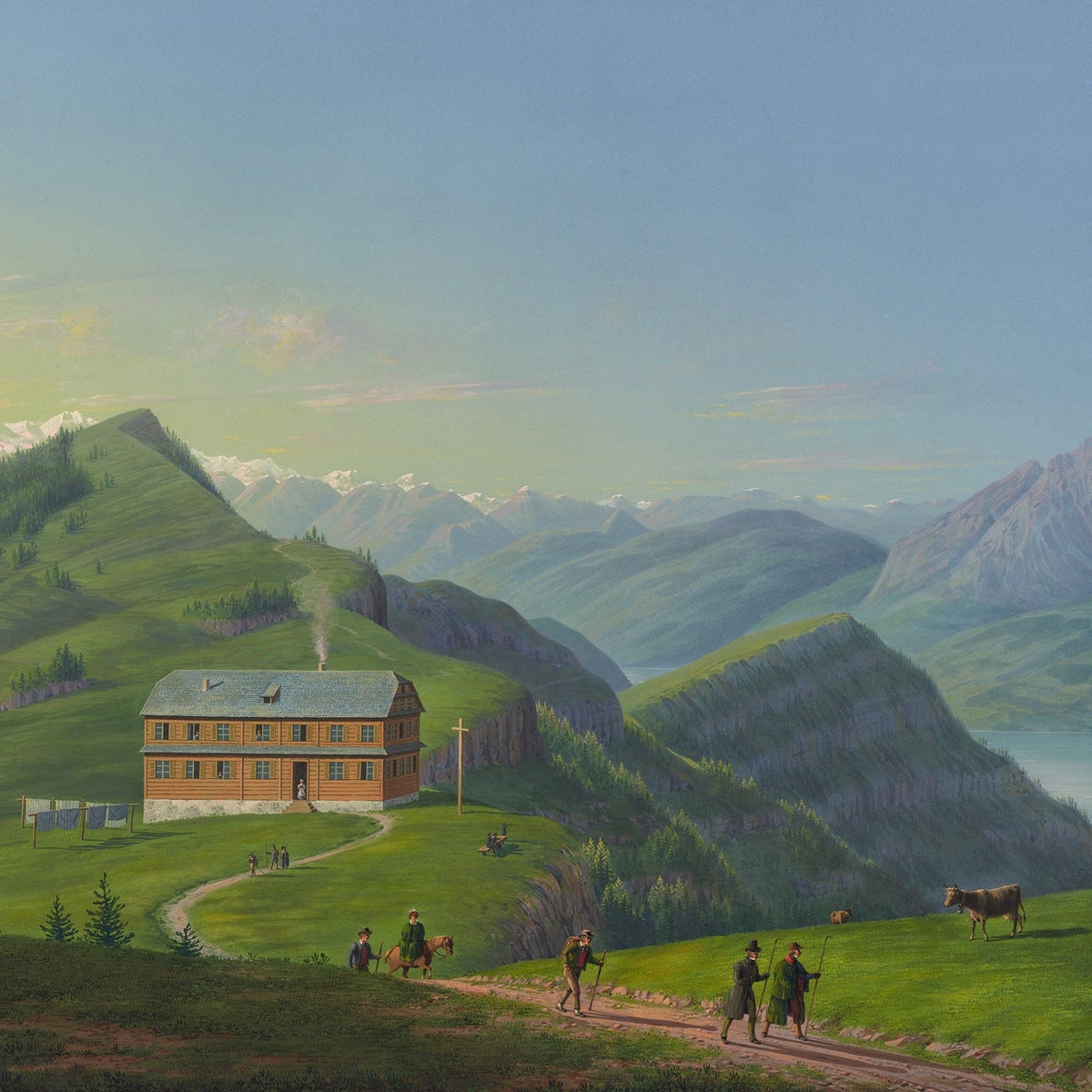 Hand-painted alpine lodge and mountain lake view landscape oil painting on canvas