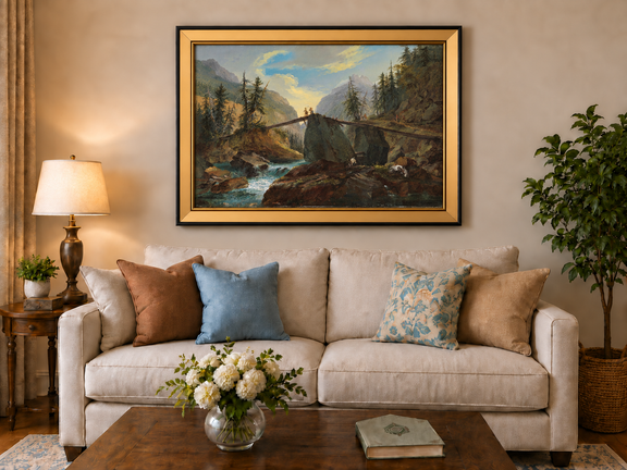 Hand-painted Alpine Log Bridge and Mountain Stream landscape oil painting displayed as wall art in a styled interior