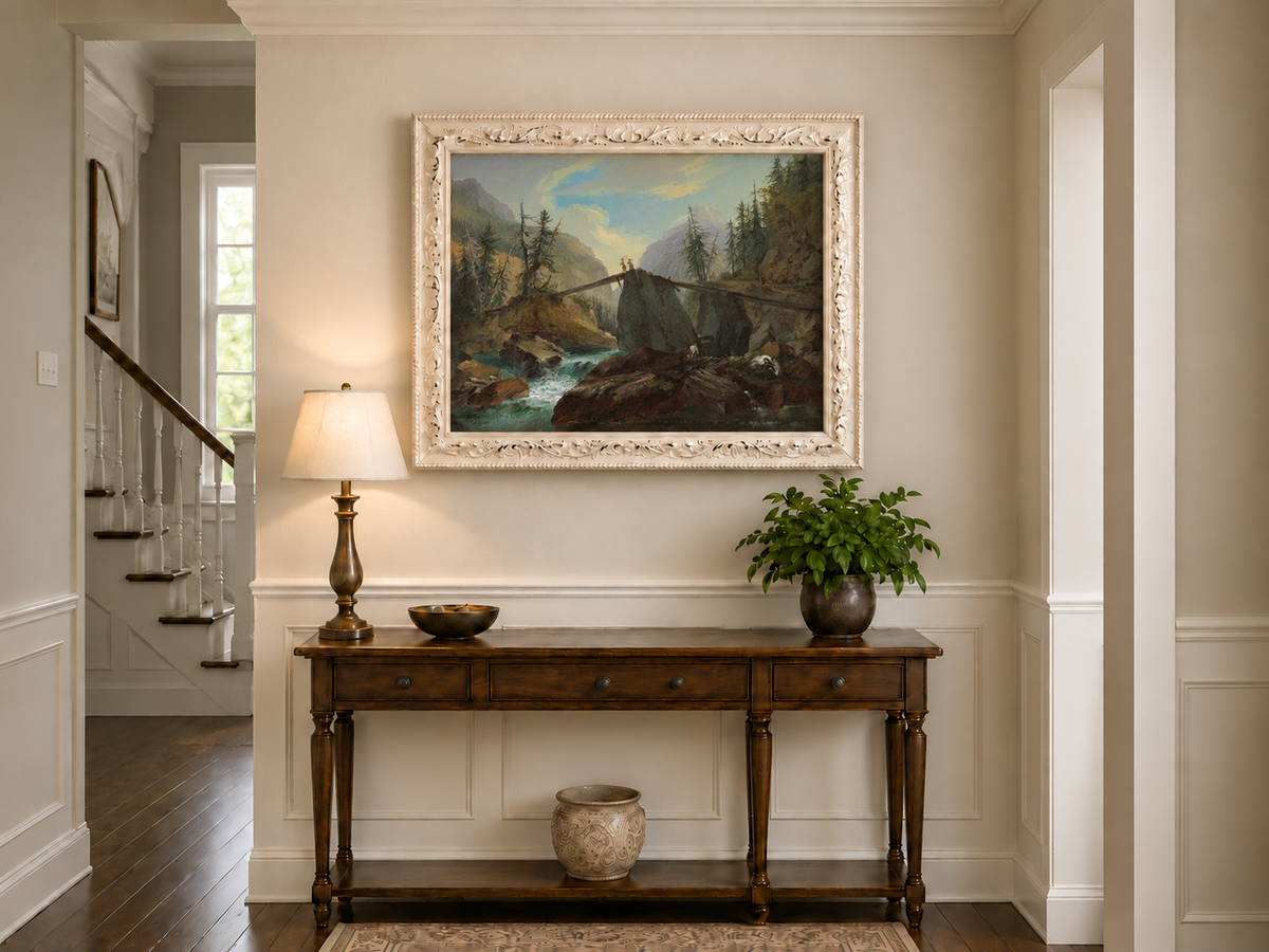 Hand-painted Alpine Log Bridge and Mountain Stream landscape oil painting displayed as wall art in a styled interior