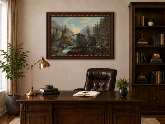 Hand-painted Alpine Log Bridge and Mountain Stream landscape oil painting displayed as wall art in a styled interior