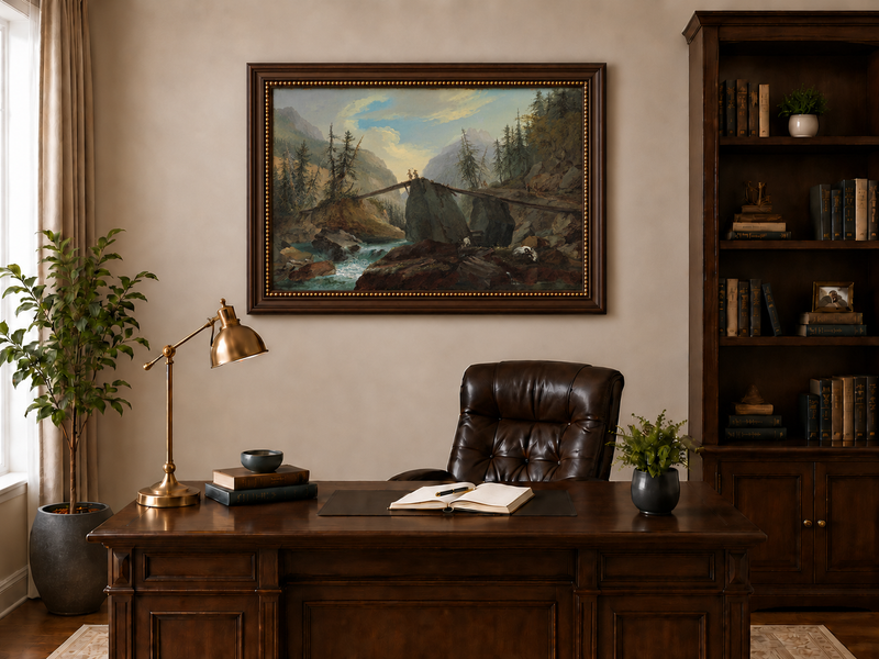 Hand-painted Alpine Log Bridge and Mountain Stream landscape oil painting displayed as wall art in a styled interior