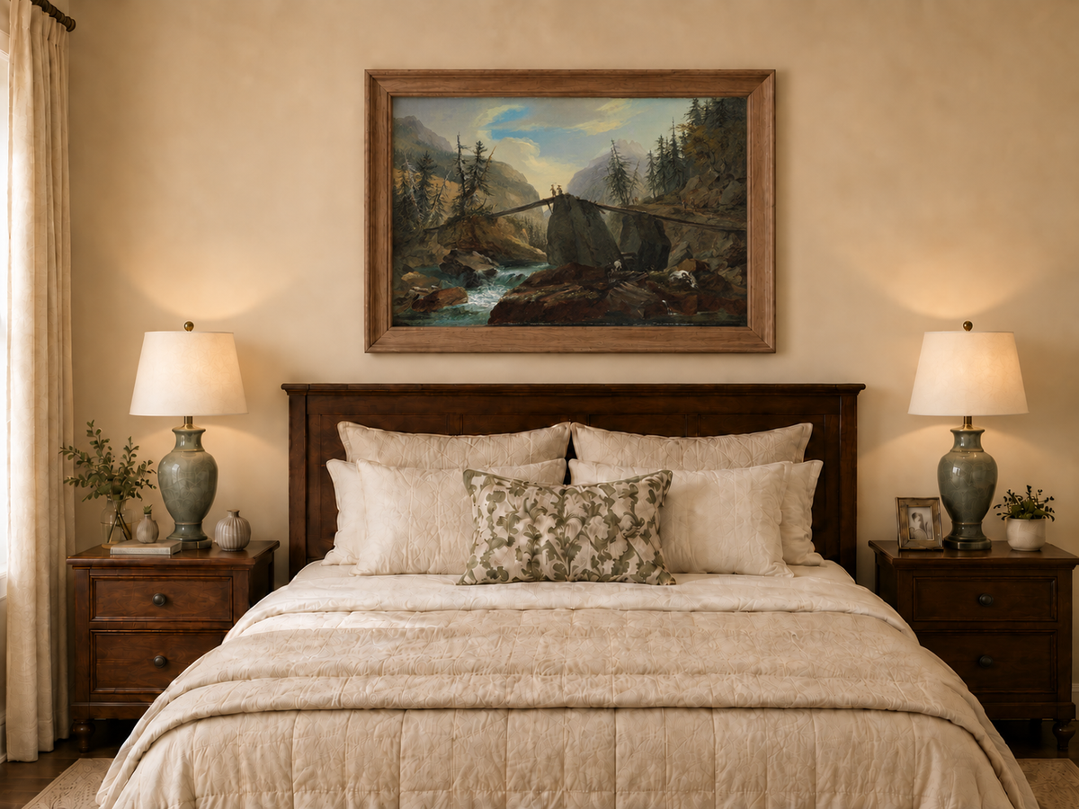 Hand-painted Alpine Log Bridge and Mountain Stream landscape oil painting displayed as wall art in a styled interior
