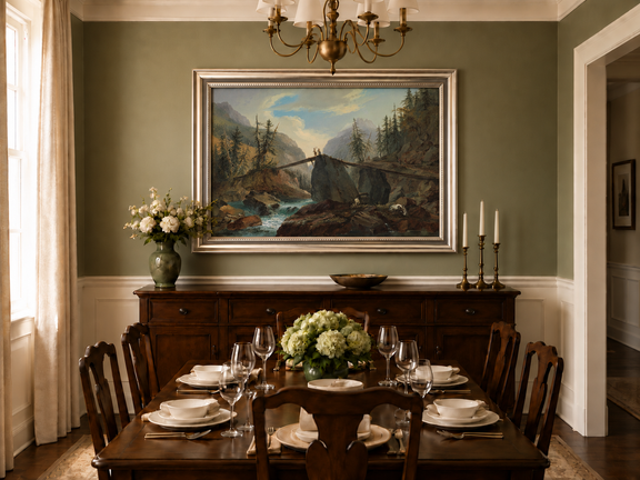 Hand-painted Alpine Log Bridge and Mountain Stream landscape oil painting displayed as wall art in a styled interior