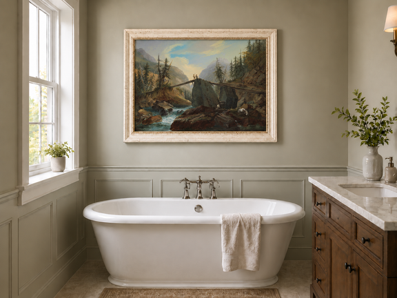 Hand-painted Alpine Log Bridge and Mountain Stream landscape oil painting displayed as wall art in a styled interior