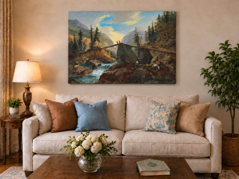 Hand-painted Alpine Log Bridge and Mountain Stream landscape oil painting displayed as wall art in a styled interior