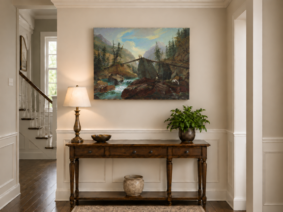 Hand-painted Alpine Log Bridge and Mountain Stream landscape oil painting displayed as wall art in a styled interior