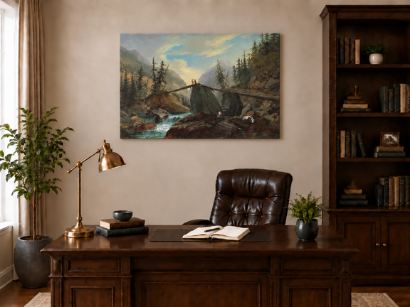 Hand-painted Alpine Log Bridge and Mountain Stream landscape oil painting displayed as wall art in a styled interior