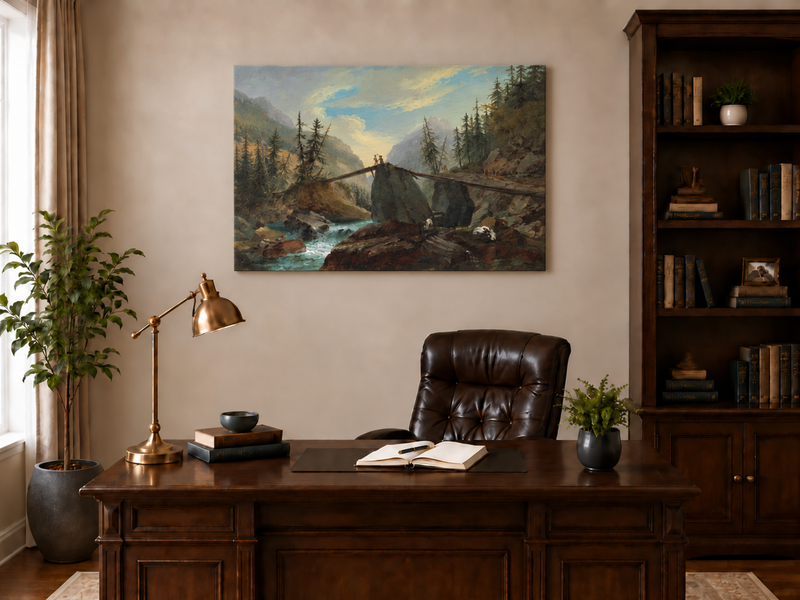 Hand-painted Alpine Log Bridge and Mountain Stream landscape oil painting displayed as wall art in a styled interior