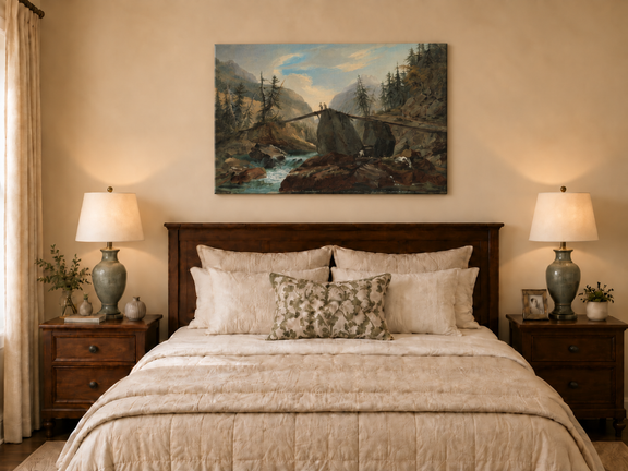 Hand-painted Alpine Log Bridge and Mountain Stream landscape oil painting displayed as wall art in a styled interior