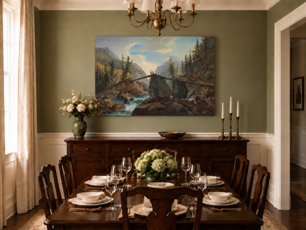 Hand-painted Alpine Log Bridge and Mountain Stream landscape oil painting displayed as wall art in a styled interior