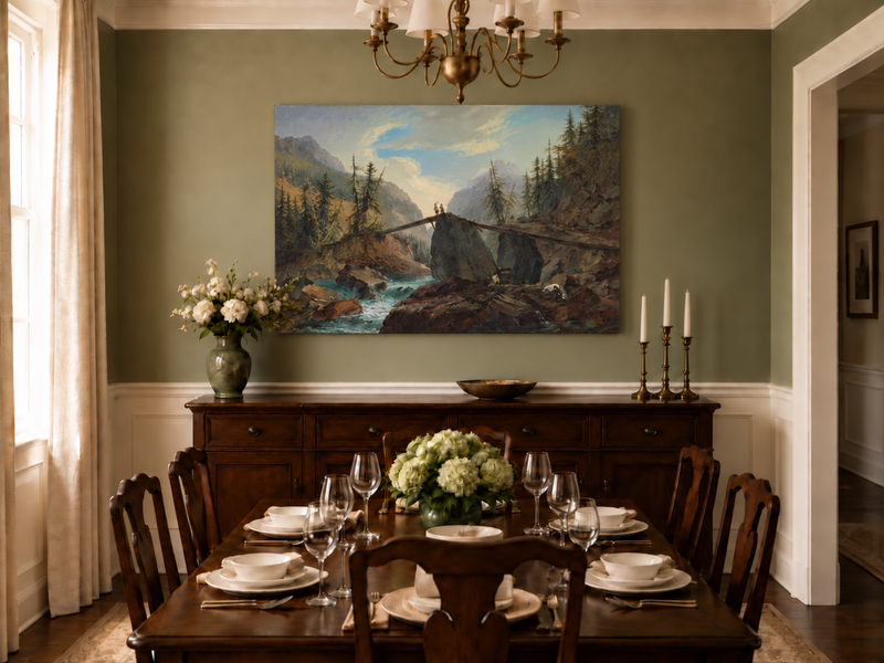 Hand-painted Alpine Log Bridge and Mountain Stream landscape oil painting displayed as wall art in a styled interior