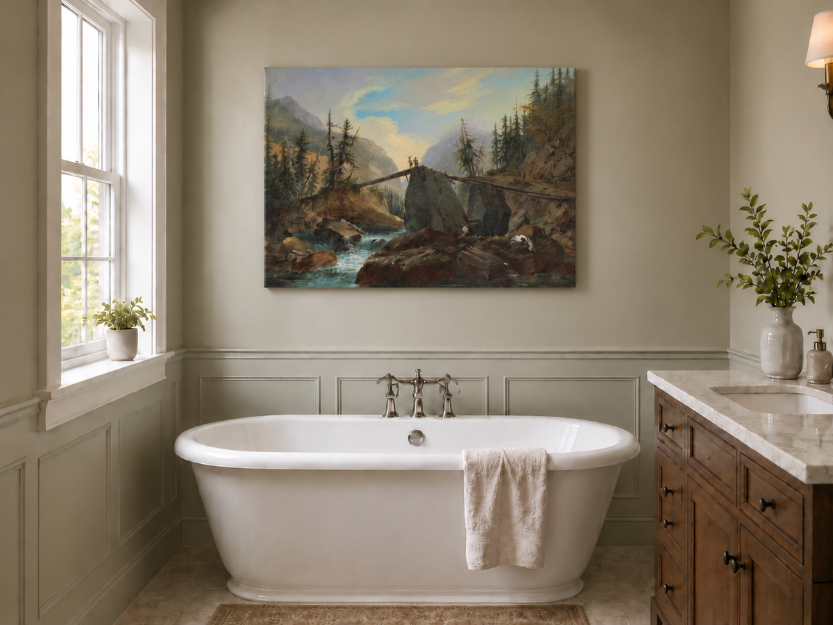 Hand-painted Alpine Log Bridge and Mountain Stream landscape oil painting displayed as wall art in a styled interior
