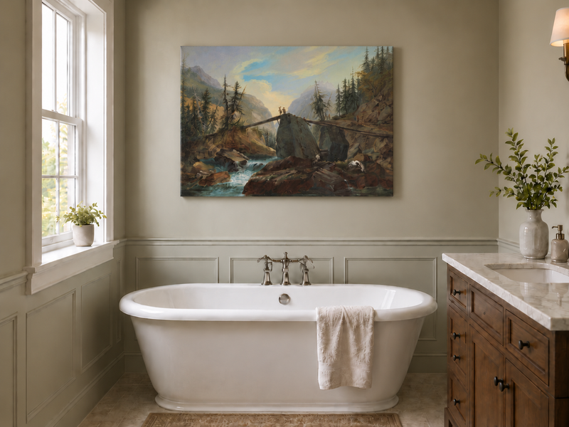 Hand-painted Alpine Log Bridge and Mountain Stream landscape oil painting displayed as wall art in a styled interior