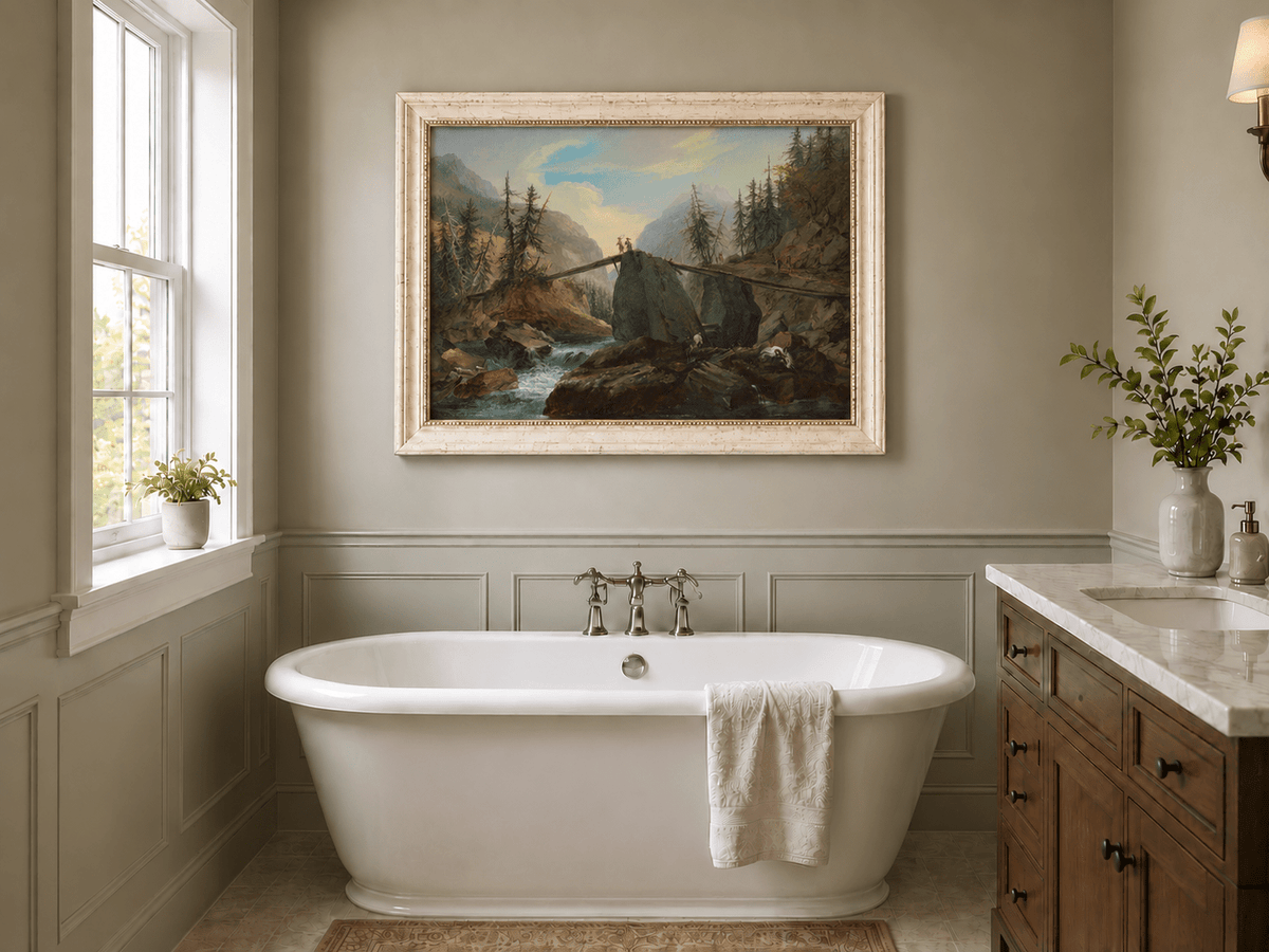 Hand-painted Alpine Log Bridge and Mountain Stream landscape oil painting displayed as wall art in a styled interior