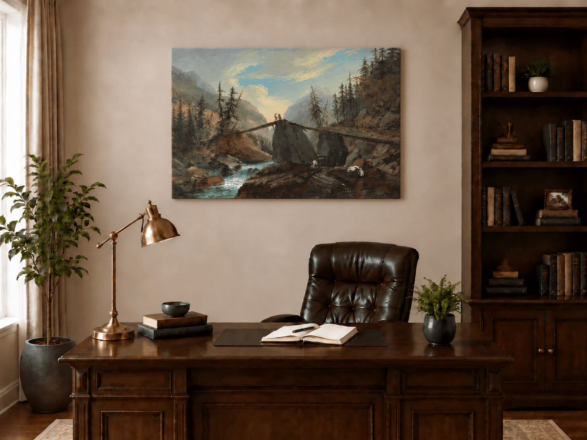 Hand-painted Alpine Log Bridge and Mountain Stream landscape oil painting displayed as wall art in a styled interior