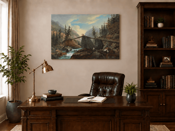 Hand-painted Alpine Log Bridge and Mountain Stream landscape oil painting displayed as wall art in a styled interior