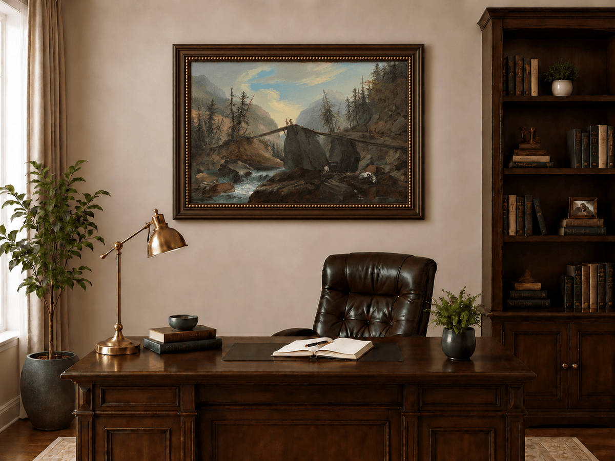 Hand-painted Alpine Log Bridge and Mountain Stream landscape oil painting displayed as wall art in a styled interior