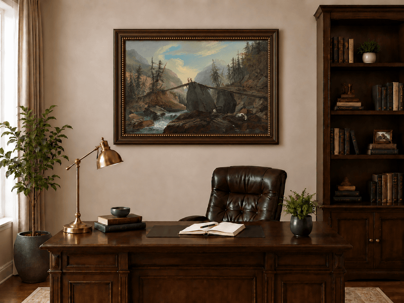 Hand-painted Alpine Log Bridge and Mountain Stream landscape oil painting displayed as wall art in a styled interior