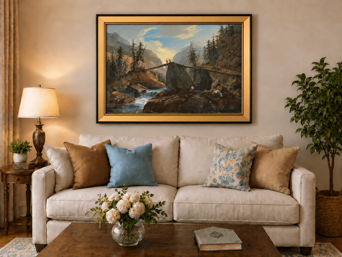 Hand-painted Alpine Log Bridge and Mountain Stream landscape oil painting displayed as wall art in a styled interior